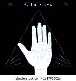 Hand on a black background with lines and signs of fate on it. Palmistry, esotericism. Vector illustration.