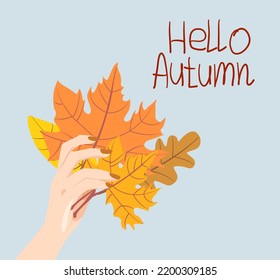 La mano sobre un fondo azul aislado contiene un ramo de hojas de otoño. Hola, otoño. La ilustración vectorial de otoño es adecuada para una postal o una publicación en una red social