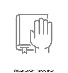 Hand on the book line icon. Bible, an oath, promise symbol