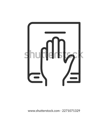 hand on a book. The oath, linear icon. Line with editable stroke