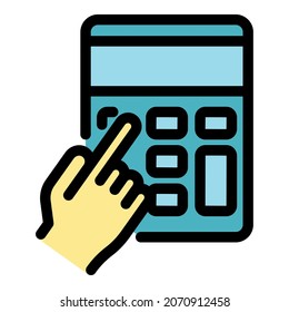 Hand on calculator icon. Outline hand on calculator vector icon color flat isolated