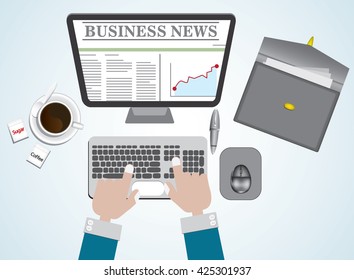 Hand on computer keyboard with bussiness news on screen monitor, coffee and suplies