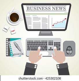 Hand on computer keyboard with bussiness news on screen monitor, coffee and suplies