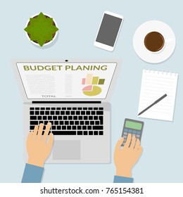 Hand on computer keyboard, calculates on calculator. Schedule, calculator, pencil, notebook desktop. Top view flat design, vector. Budget planning, financial report, cost accounting, spending.