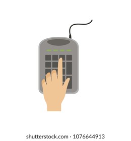 Hand on computer keyboard, man working with computer, payment terminal, atm, top view vector Illustration on a white background