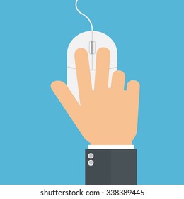 Hand on computer mouse. Clicking with mouse concept. Flat style