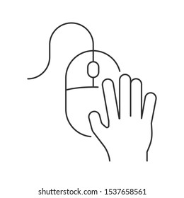 Hand on computer mouse linear icon on white background