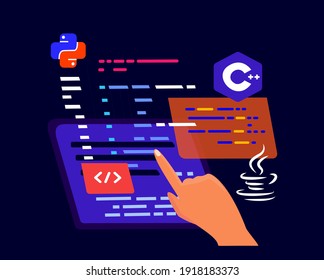 Hand On Device Screen Creating Programm Working On Web Development.Script Coding,Programming In Php,python,javascript Artificial Languages.Software Developer Education.Flat Vector Cartoon Illustration