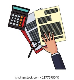 Hand on documents and calculator with magnifying glass