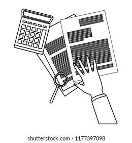 Hand on documents and calculator with magnifying glass in black and white