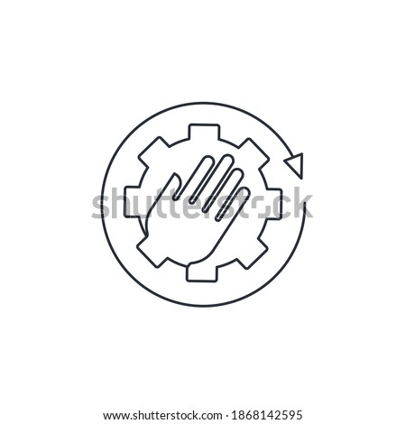Hand on the gear. Technical capability. Manual control, customization process. Vector linear icon isolated on white background.