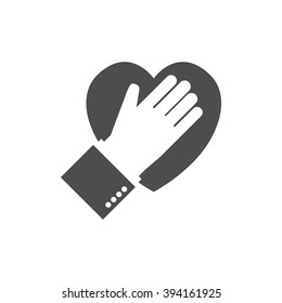 Hand on heart black icon on white background. Logo. Flat design. Pledge. Vector illustration. Allegiance icon. 