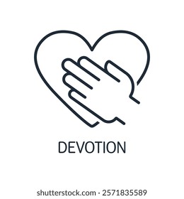 Hand on heart. Devotion.Loyalty. Vector linear illustration icon isolated on white background.