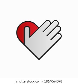 Hand on heart logo design. Vector illustration of abstract red heart with hand over it isolated on white background