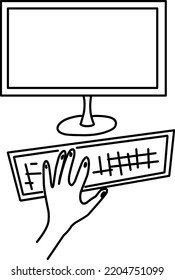 hand on keyboard with screen illustration. Hand-drawn doodles illustration. Line art. Icon