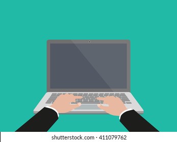 Hand on laptop keyboard with blank screen monitor