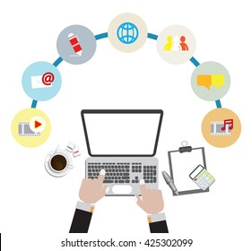Hand on laptop keyboard with blank screen monitor and suplies, coffee, flat icon
