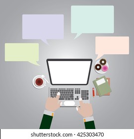 Hand on laptop keyboard with blank screen monitor, book tea cup, donuts and callout