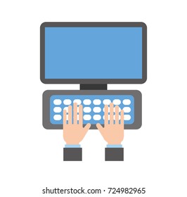 hand on laptop keyboard with blank screen monitor