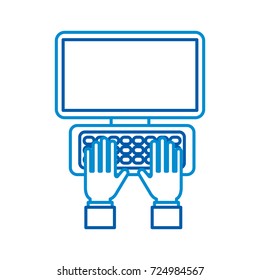 hand on laptop keyboard with blank screen monitor