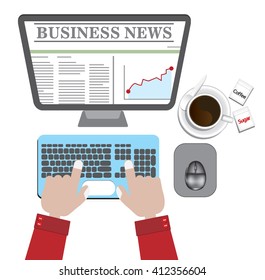  Hand on laptop keyboard with bussiness news on screen monitor, coffee and mouse