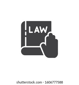 Hand on Law book vector icon. Swearing on book filled flat sign for mobile concept and web design. Oath on law book glyph icon. Symbol, logo illustration. Vector graphics