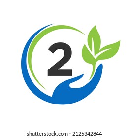 Hand On Letter 2 Logo Design. 2 Healthcare Care, Foundation with Hand Symbol