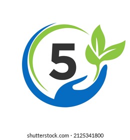 Hand On Letter 5 Logo Design. 5 Healthcare Care, Foundation with Hand Symbol