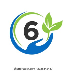 Hand On Letter 6 Logo Design. 6 Healthcare Care, Foundation with Hand Symbol