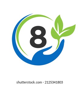 Hand On Letter 8 Logo Design. 8 Healthcare Care, Foundation with Hand Symbol
