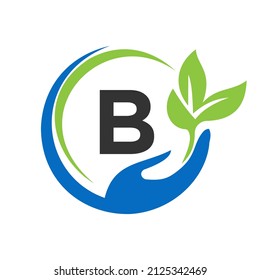 Hand On Letter B Logo Design. B Healthcare Care, Foundation with Hand Symbol