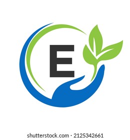 Hand On Letter E Logo Design. E Healthcare Care, Foundation with Hand Symbol