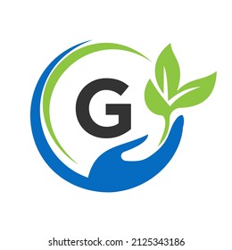 Hand On Letter G Logo Design. G Healthcare Care, Foundation with Hand Symbol