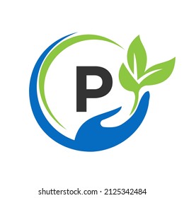 Diseño del logotipo de mano en letra P. P Atención de salud, Fundación con símbolo de mano