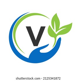 Hand On Letter V Logo Design. V Healthcare Care, Foundation with Hand Symbol