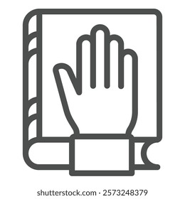 Hand on oath book line icon, jurisprudence concept. Vector graphics. Bible book with hand sign on white background, outline style icon for mobile or web design