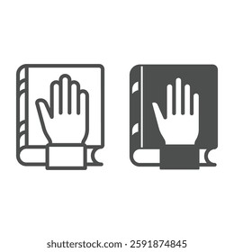 Hand on oath book line and solid icon, jurisprudence concept. Vector graphics. Bible book with hand sign on white background, outline style icon for mobile or web design