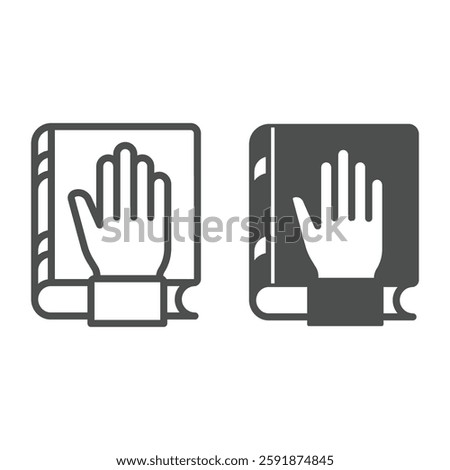 Hand on oath book line and solid icon, jurisprudence concept. Vector graphics. Bible book with hand sign on white background, outline style icon for mobile or web design