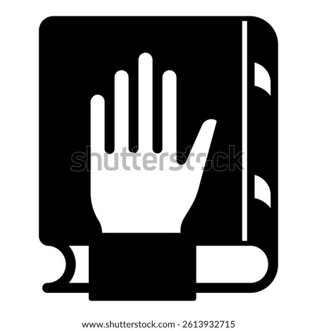 Hand on oath book solid icon, jurisprudence concept. Vector graphics. Bible book with hand sign on white background, glyph style mobile or design