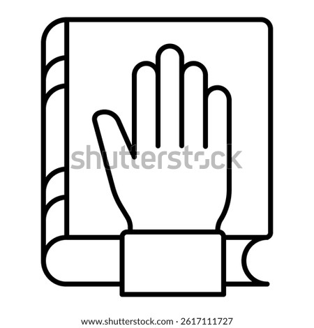 Hand on oath book thin line icon, jurisprudence concept. Vector graphics. Bible book with hand sign on white background, linear style for mobile or design
