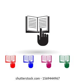 Hand on an open book multi color icon. Simple glyph, flat vector of library icons for ui and ux, website or mobile application