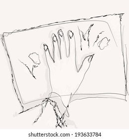 Hand on paper. Pastel background. Vector. Sketch.