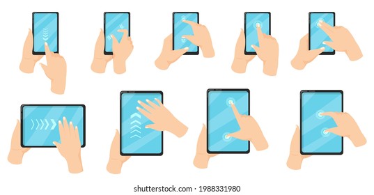 Hand On Phone Using Touchscreen Gestures Vector Illustration Set. Fingers Pinching To Zoom In And Out, Swiping, Expanding, Pressing On Screen Of Cellphone And Tablet. Digital Devices, Motion Concept