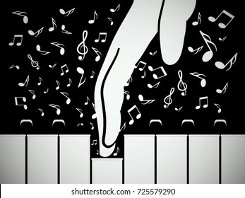Hand on Piano Keyboard with Notes. Vector Music Background.