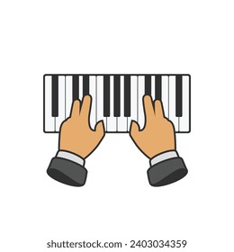 Hand on piano keyboard. Two hands plays on piano. Musical Instrument concert. Top view.