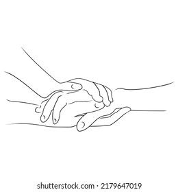 Hand on hand promise line art drawing style, the hand sketch black linear isolated on white background, the hand line art vector illustration.