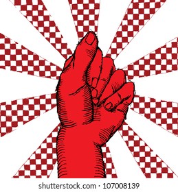 Hand up on red patterned background