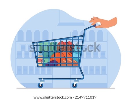 Hand on shopping cart with different groceries or products. Person buying food from supermarket or online store flat vector illustration. Shopping concept for banner, website design or landing page