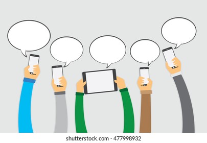 Hand on the smartphone and tablet with speech bubble, ecommerce concept, vector 10