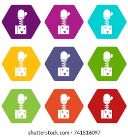 Hand on spring in box icon set many color hexahedron isolated on white vector illustration